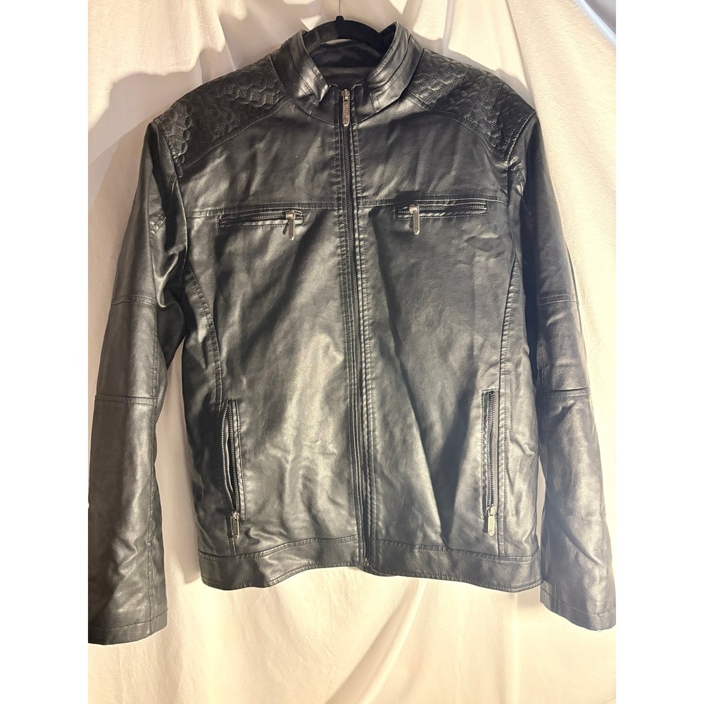 American Breed Black Faux Leather Moto Jacket Fleece‎ Lined Quilted Shoulder L